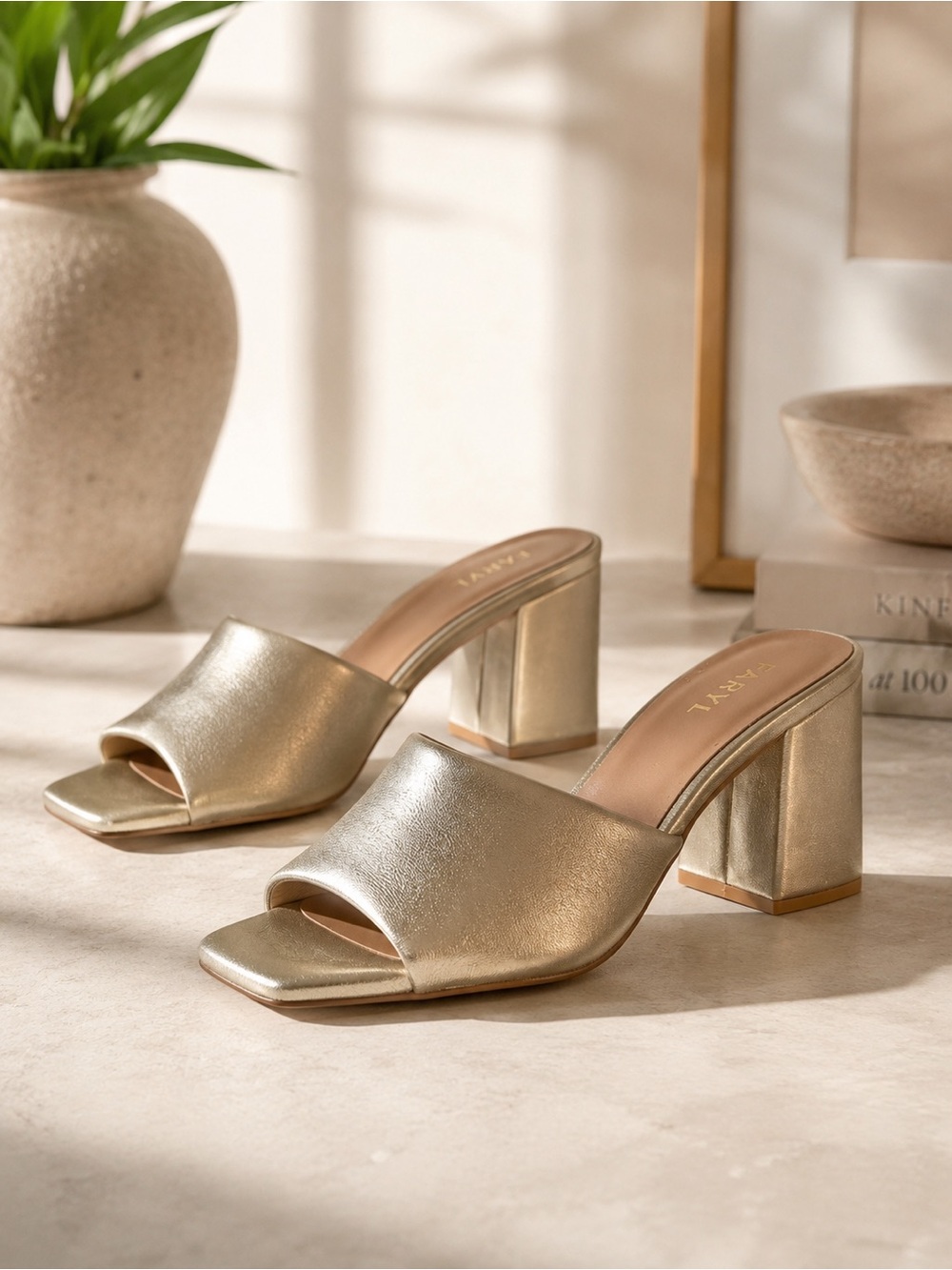 Farylrobin Metallic Gold Block Heel Slide Mules